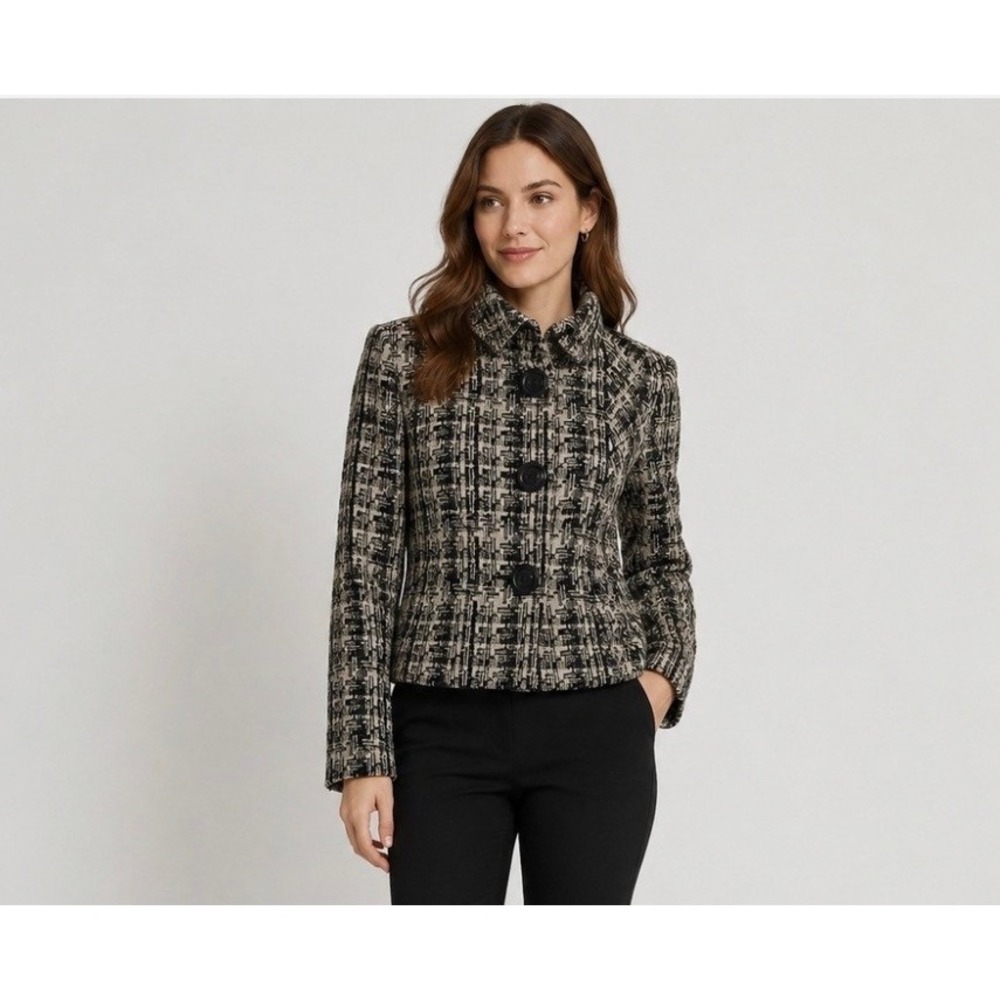 Cabi Black White Tweed Wool Blend Button Front Jacket Womens Size Large